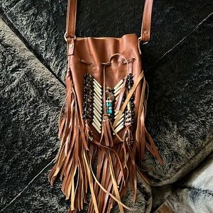 Brown leather boho fringe purse